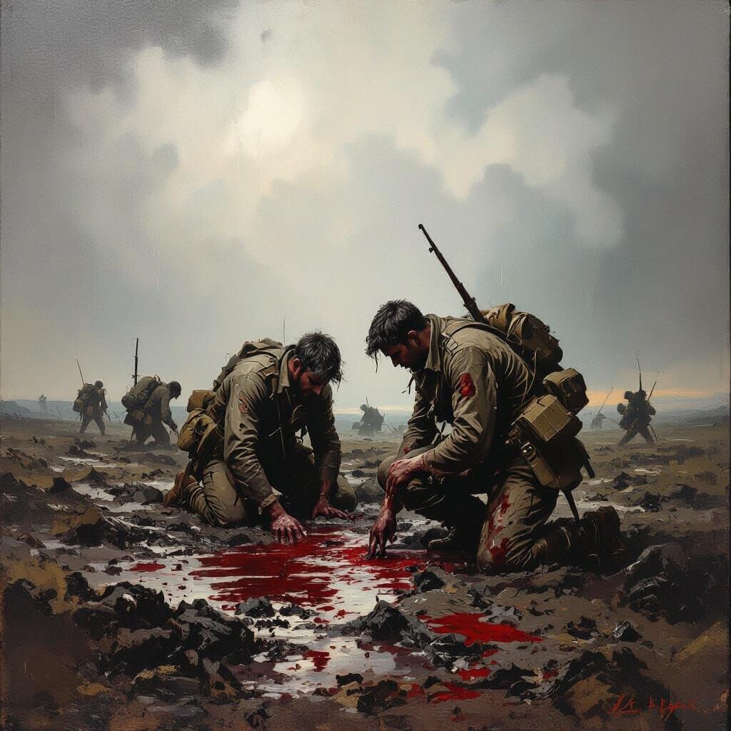 Wounded Soldiers on Muddy Battlefield Oil Painting