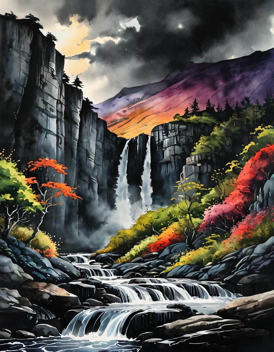 Mountain Waterfall in Vibrant Watercolour with Silver Ink