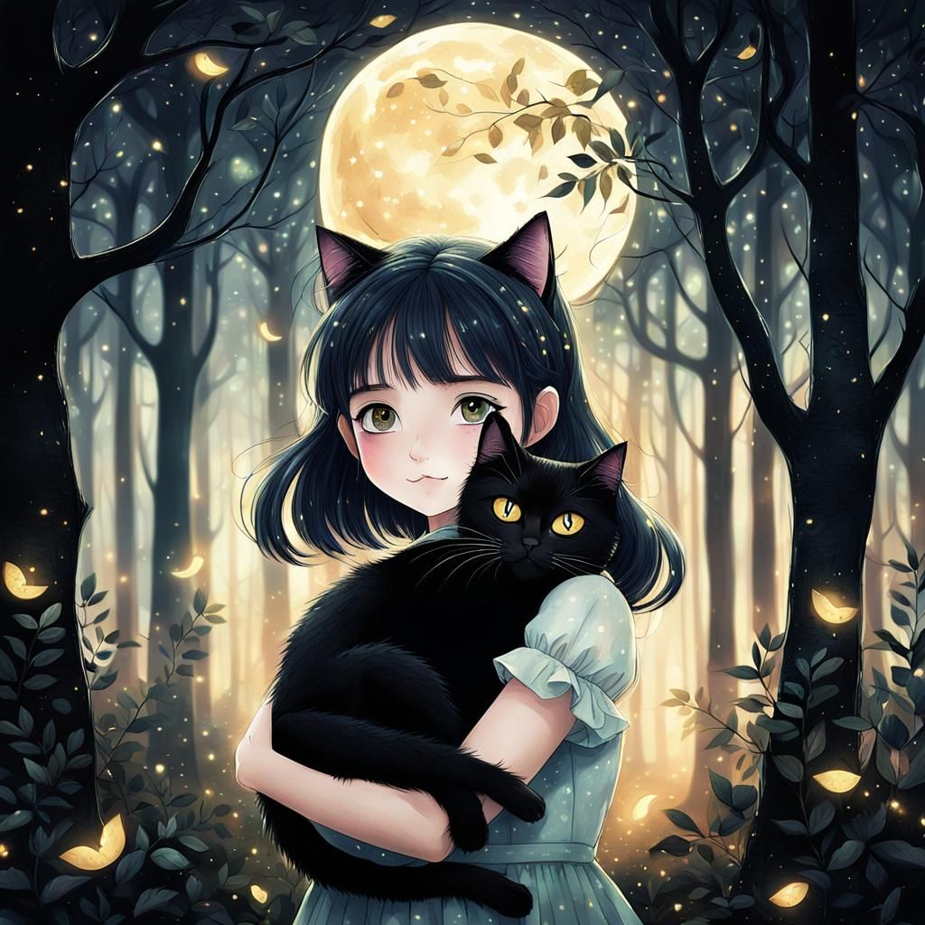 Girl and Black Cat Embrace in Whimsical Anime Art