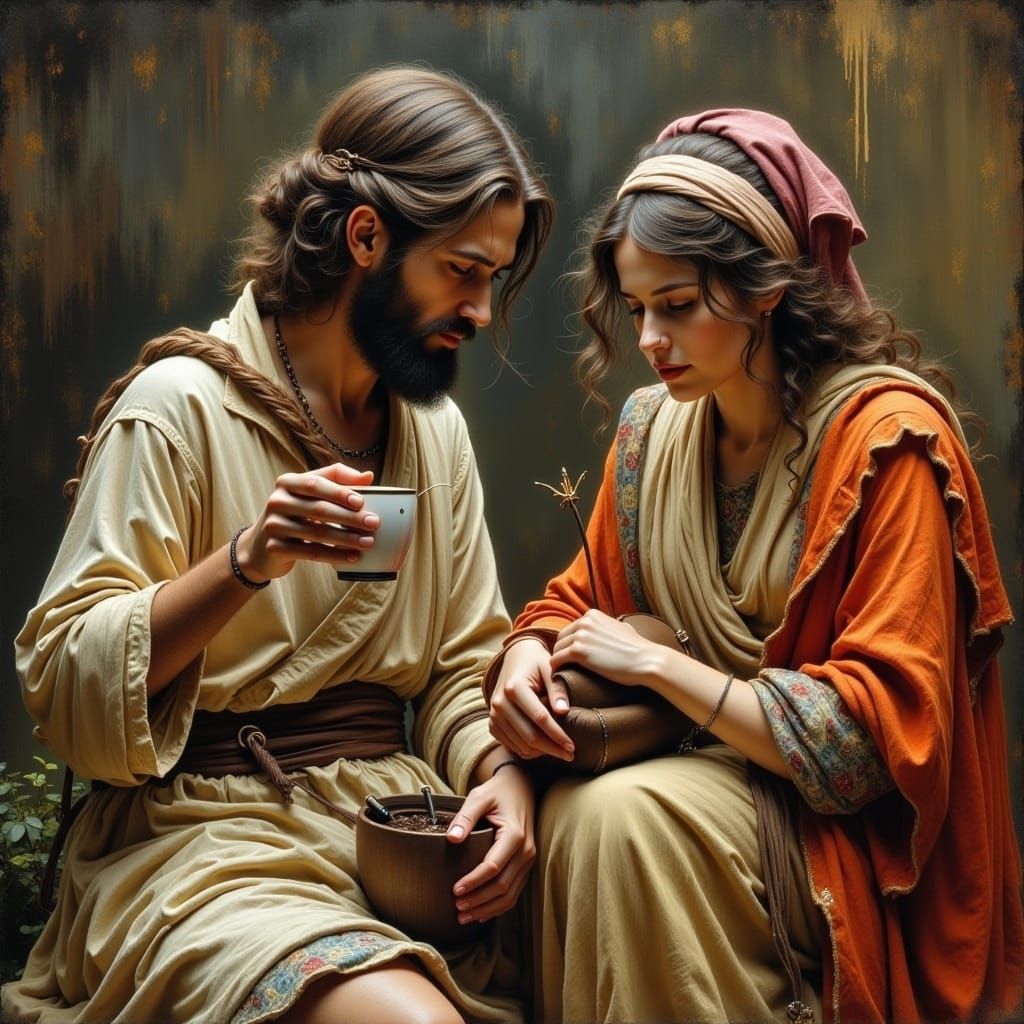 Jesus Drinking Coffee in Hyperreal Style