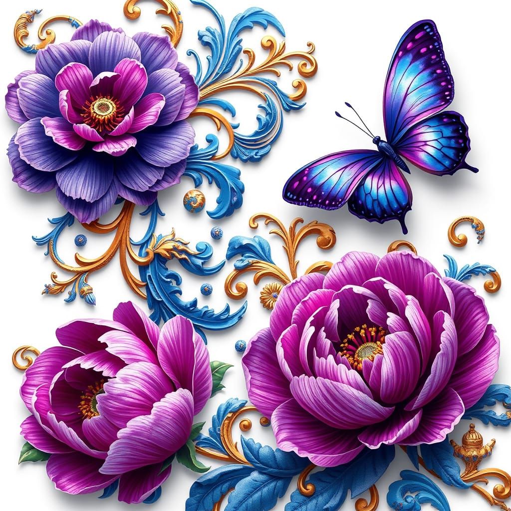 A photo of a vibrant and ornate design. THERE are intricate swirls and patterns in shades of blue, purple, and gold. The...