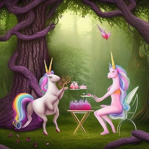 Unicorn Tea Party in Ethereal Glowing Forest