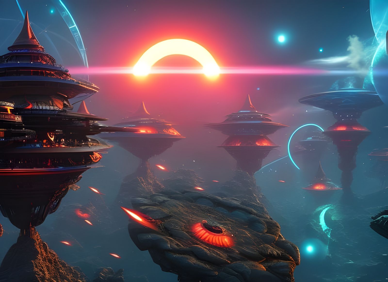 "Neofuturistic Civilization with intricate scaffolding and hyperdetailed structure" : Cosmic sci-fi, spacecore, cyberpun...