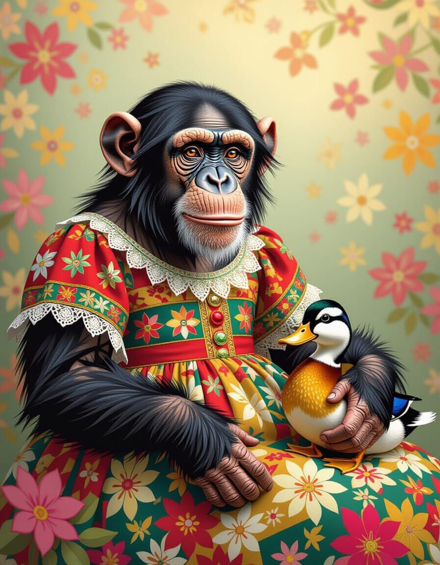 Patchwork Chimpanzee in Ornate Dress with Duck Companion