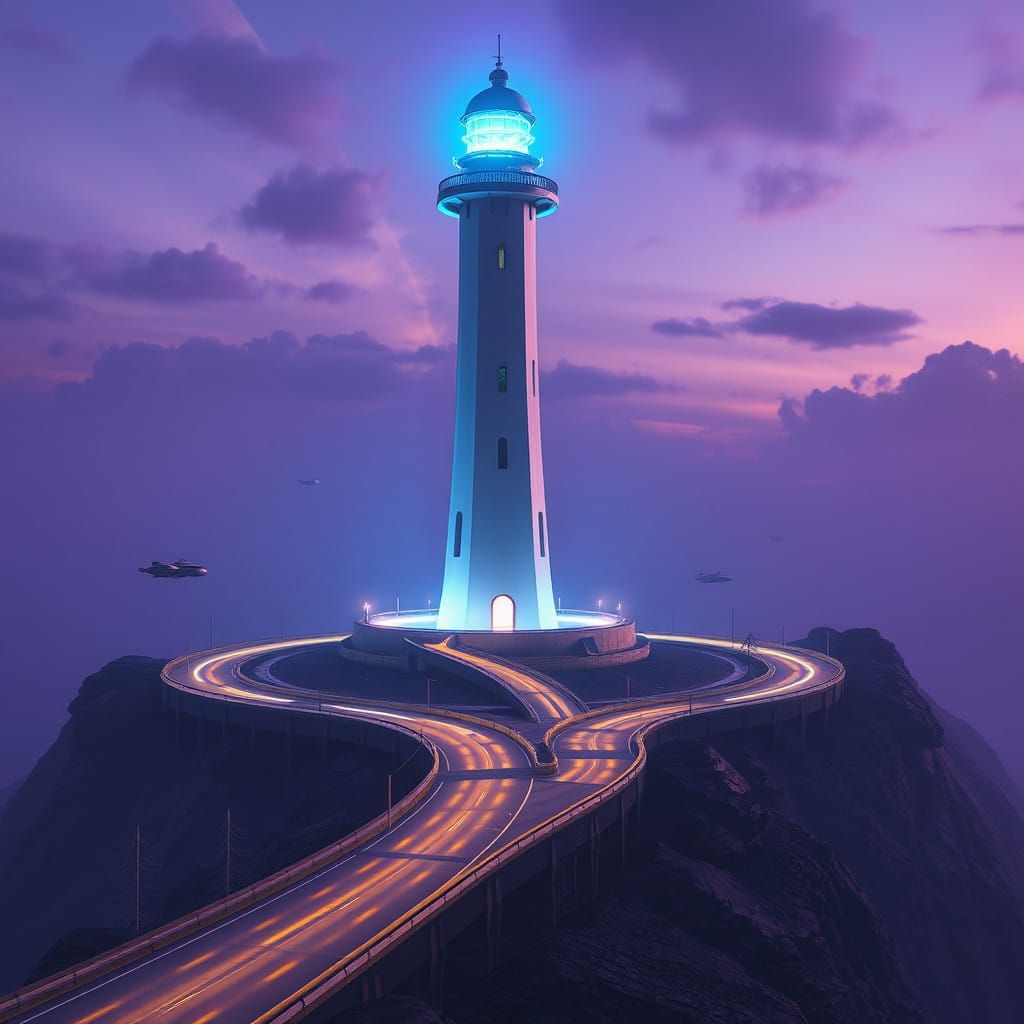 Cyberpunk Lighthouse in Dawn Glow