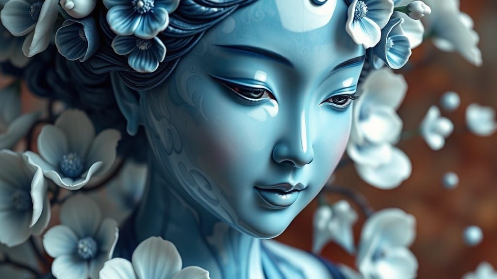 Ethereal Ming-Inspired Goddess in Blue Floral Bloom