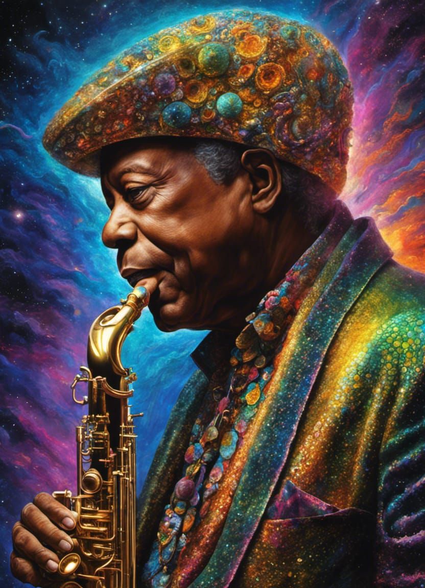 Saxophone Player in Kinetic Pointillism Style