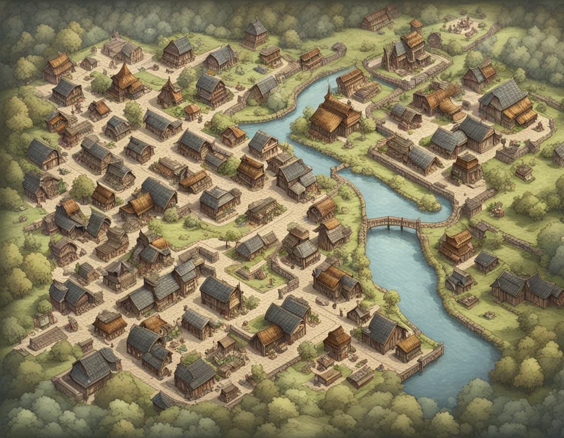 Fantasy Town Aerial View with Market and Farmland