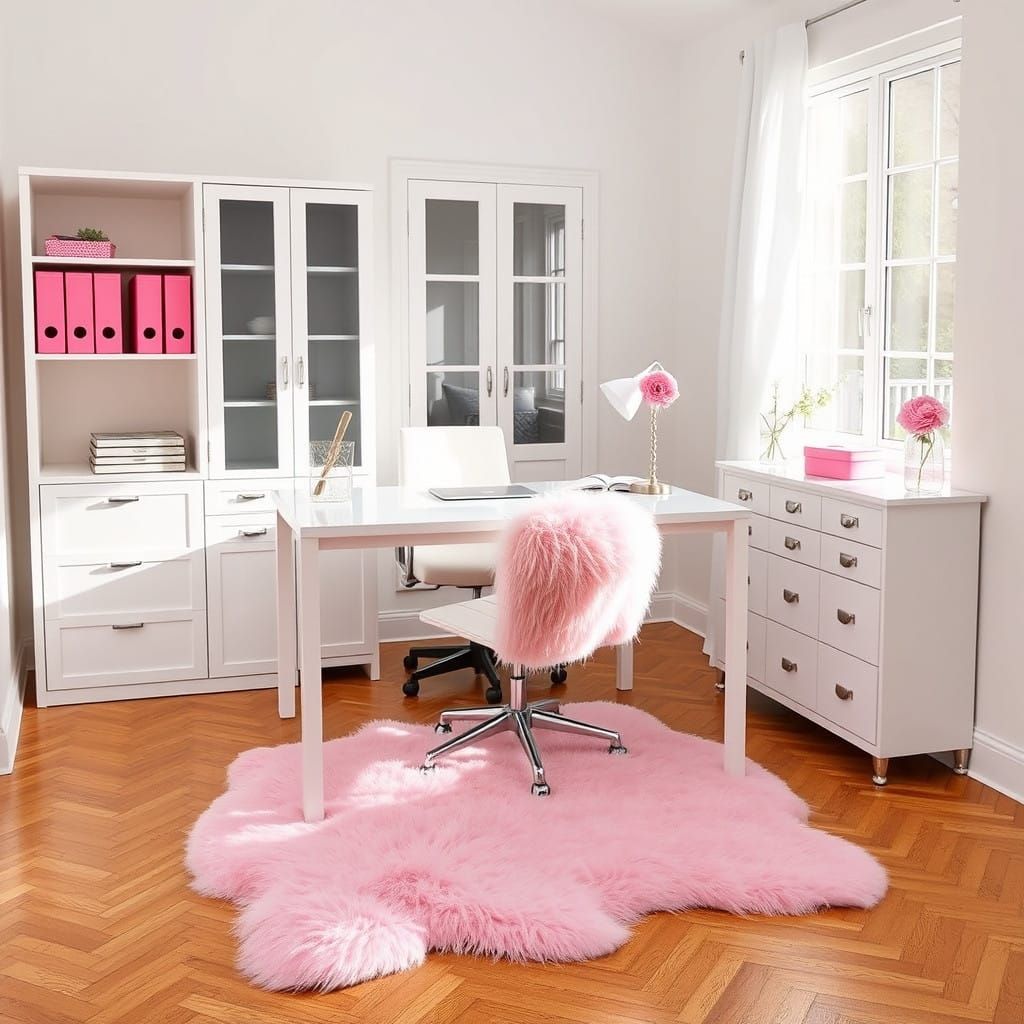 Minimalist Office Interior with Fluffy Cushion and Pink Acce...