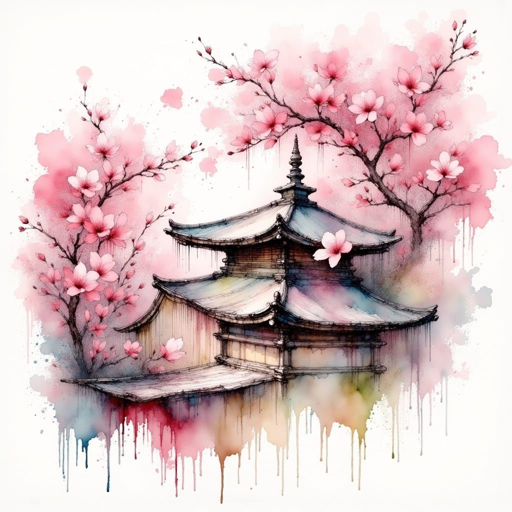 Ethereal Japanese Pagoda Amidst Cherry Blossom Blooms in Imp...