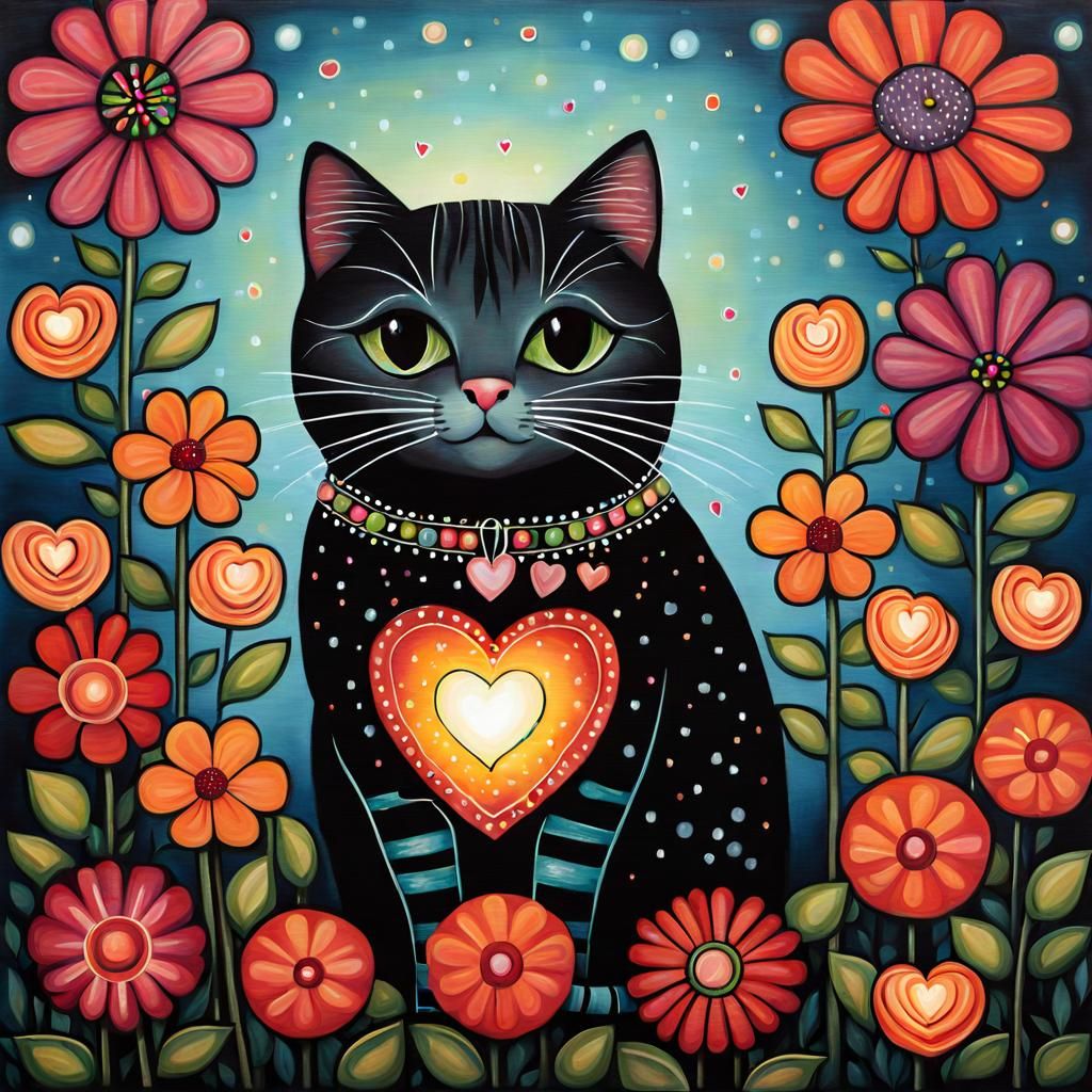 Cat on Pillow Surrounded by Flowers, Illustrative Style