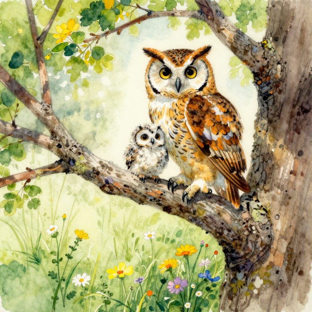Wise Mother Owl Sheltering Baby Owl in Watercolor Style