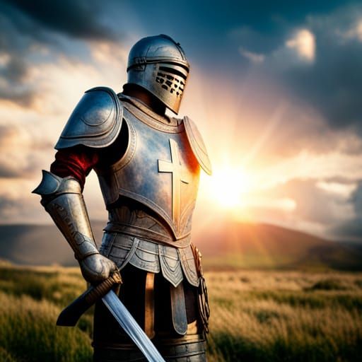 Knight in Shining Armor with Cross, Hyperrealistic