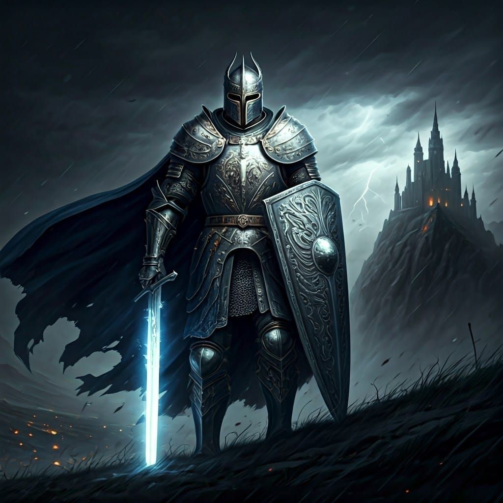 Medieval Knight Standing Resolute in Stormy Landscape