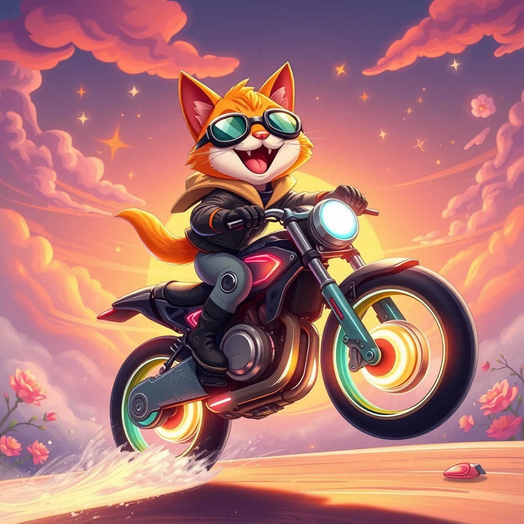Cartoon Cat Does Wheelie on Futuristic Motorbike