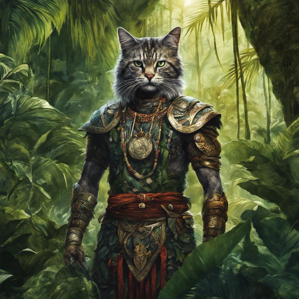 Tribal Cat Warrior in Jungle: Fantasy Splash Art