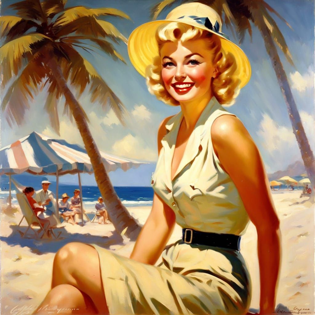 Retro Pin-Up Girl on Sunny Beach as Impressionistic Oil Pain...
