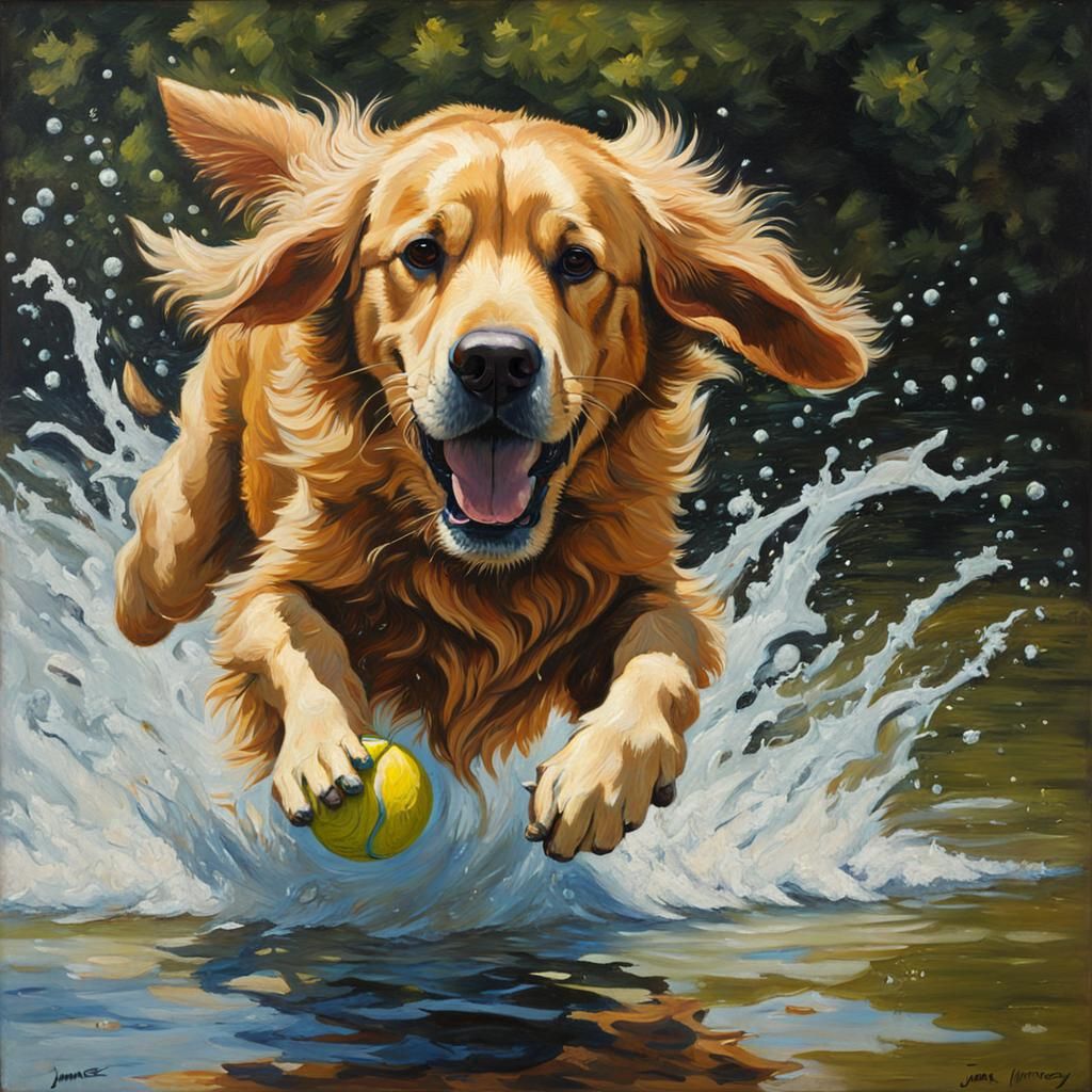 Golden Retriever Leaping, Oil Painting Style