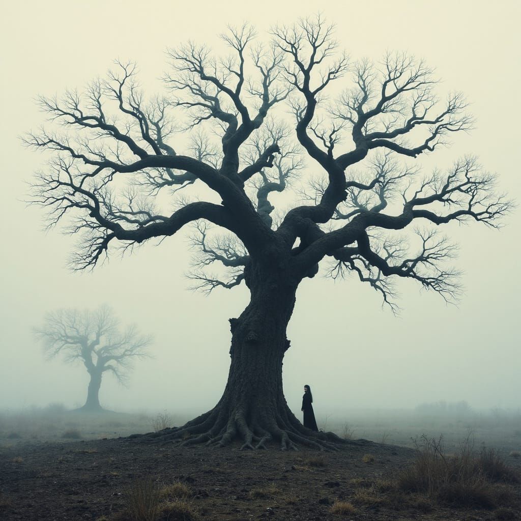 Skeletal Tree Creates Woman's Face in Surreal Landscape