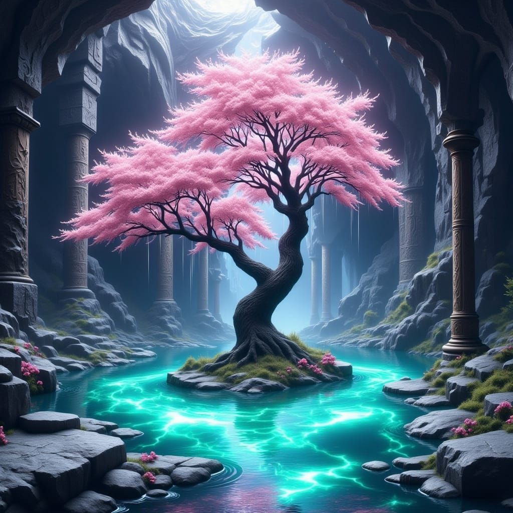 Ethereal Cherry Blossom Tree in an Underwater Grotto