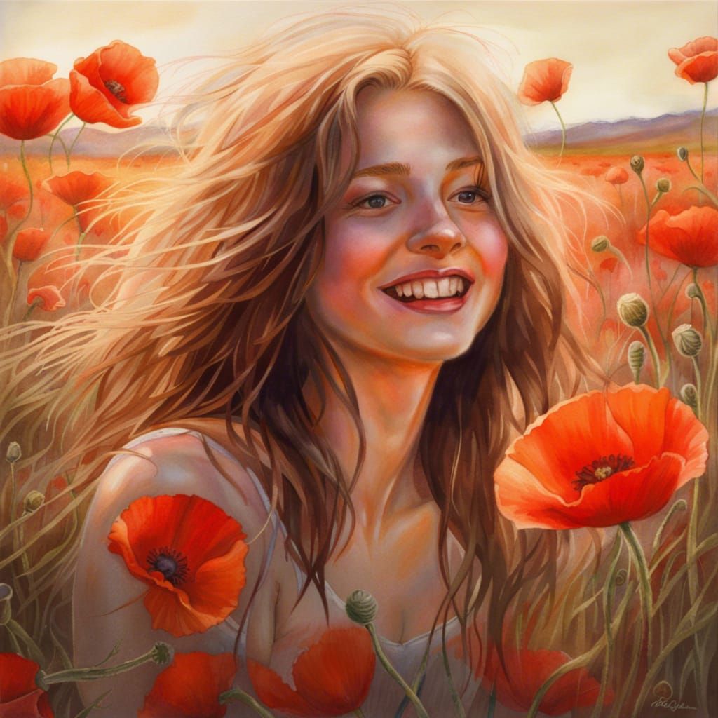 Joyful Girl Portrait in Poppy Field, Watercolour Art