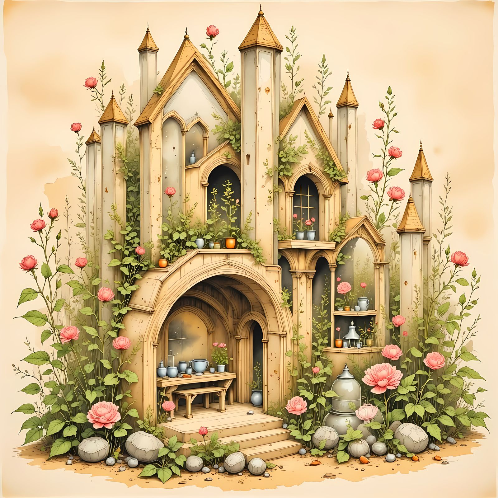 Crystal Dollhouse Sanctuary with Faded Roses