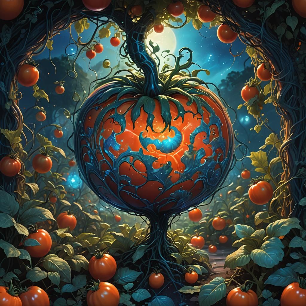 Gigantic Bioluminescent Tomato in Mystical Garden