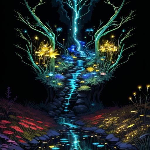 Bioluminescent Forest Stream: Fantasy Acrylic Painting