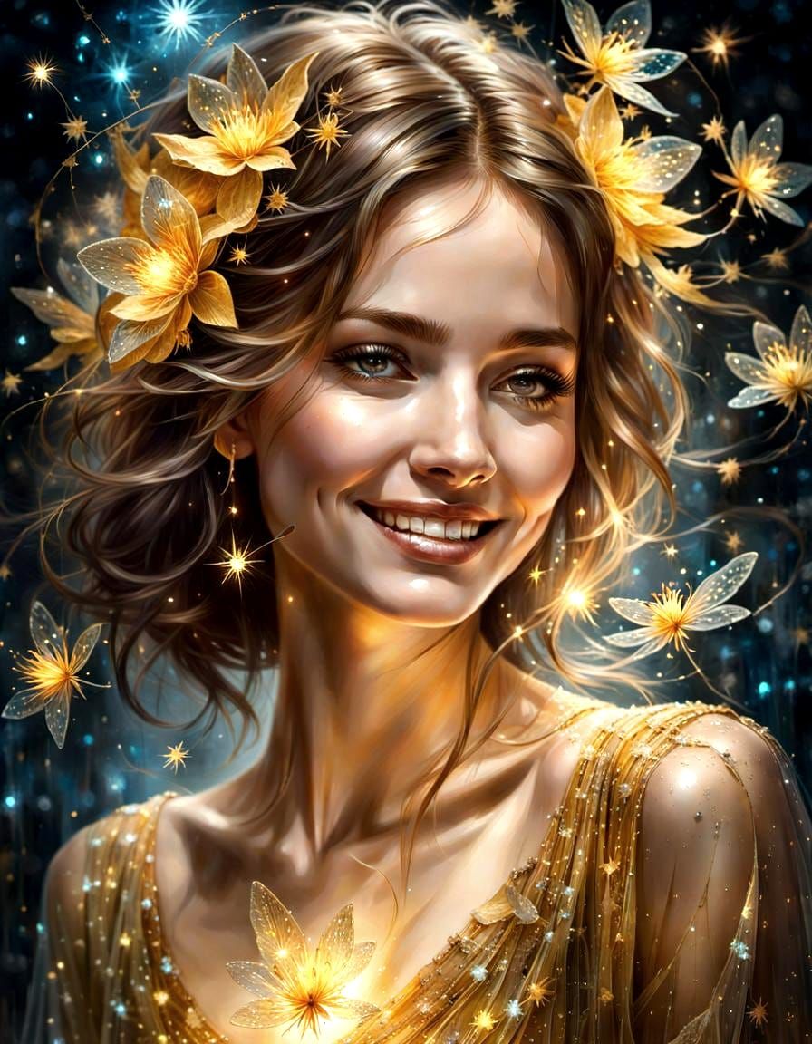 Glass-like Woman Dissolves into Constellation