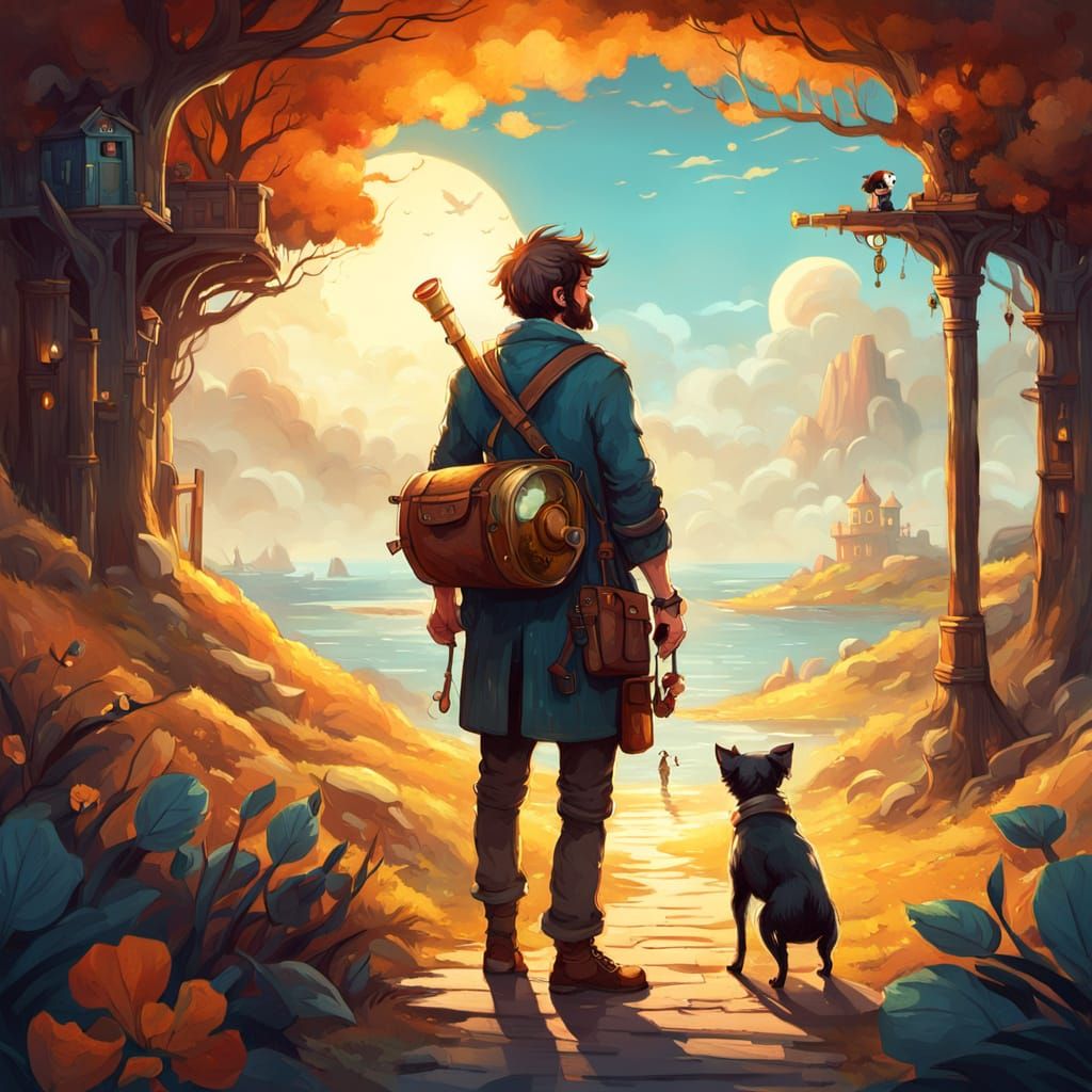 Man and Pup Adventure: Whimsical Concept Art