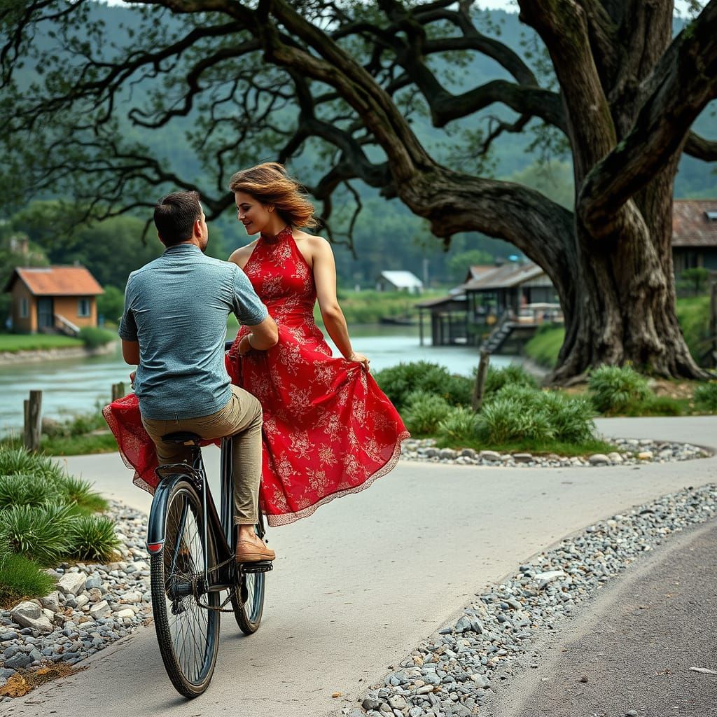 man pedaling a bicycle on a rocky village road.