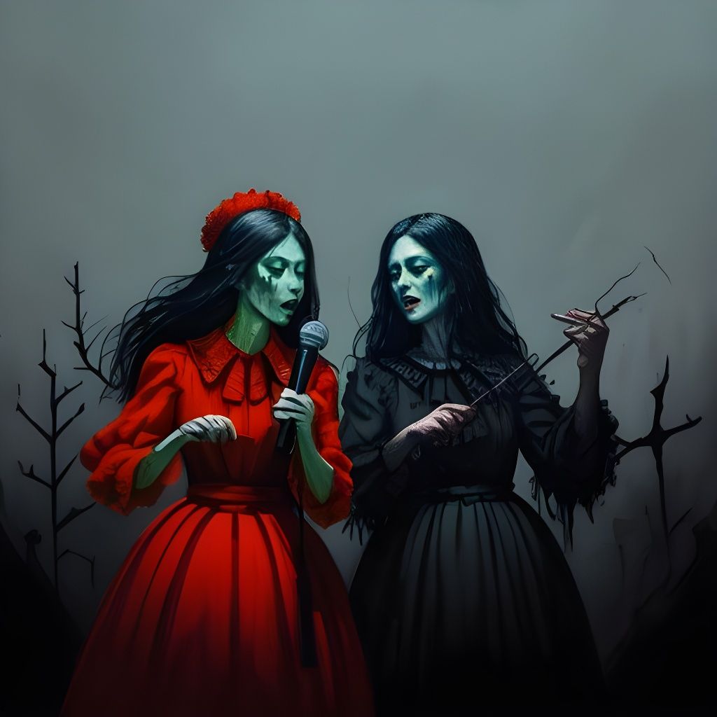 Surreal Gothic Painting of Two Women Singing on Stage in Hor...