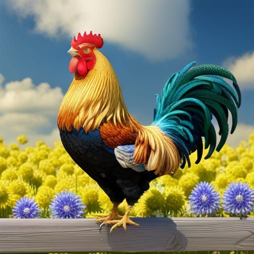 Filigree Rooster Perched on Farm Fence, Watercolor Splash Ar...