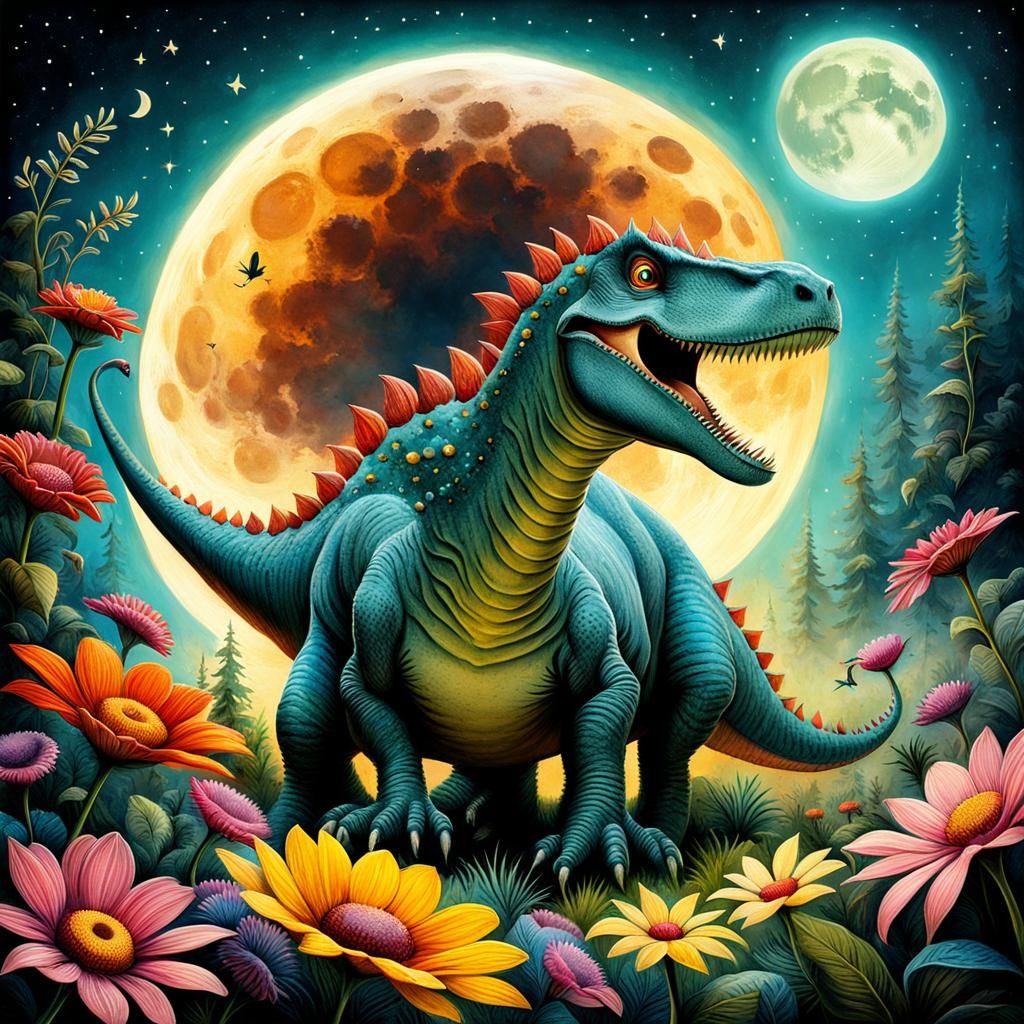 Friendly Dinosaur on Surreal Moon by Alexander Jansson