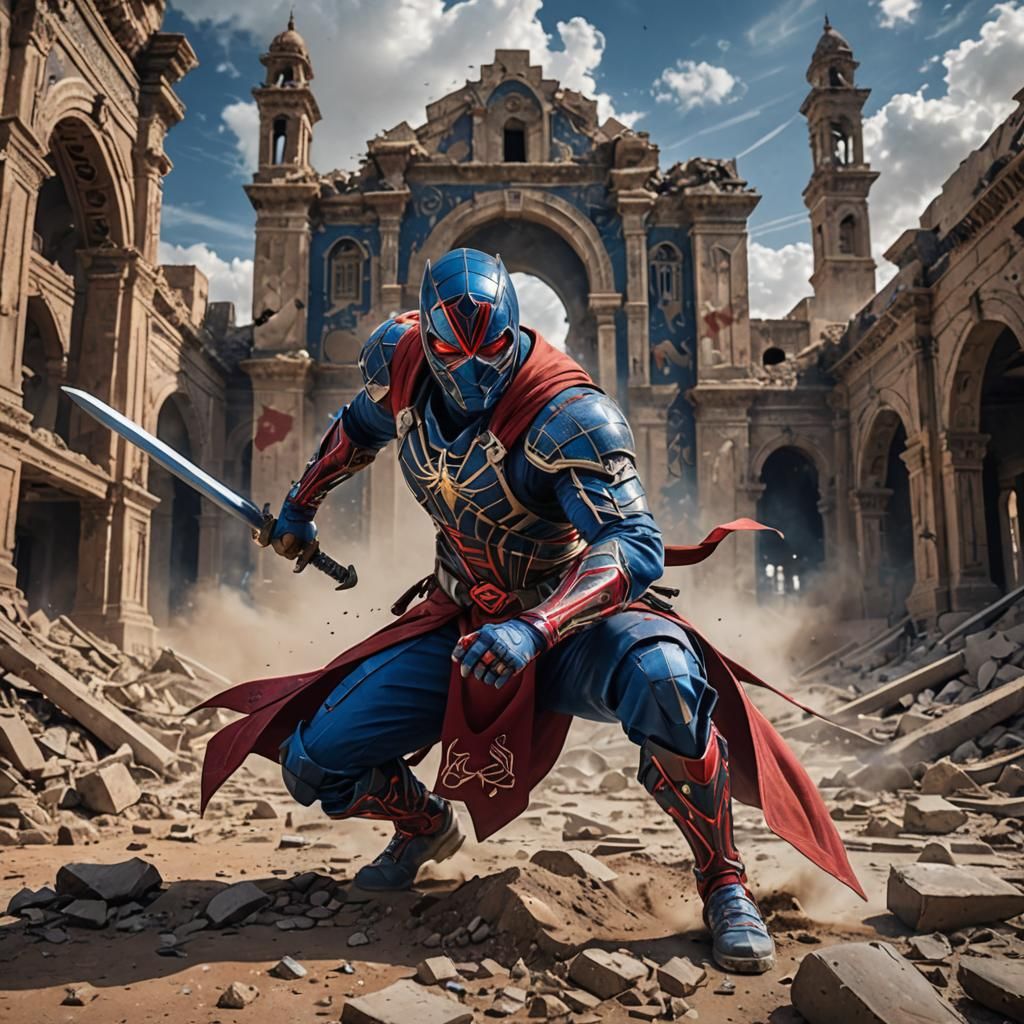 Dynamic Superhero Crouches with Swords on Rubble