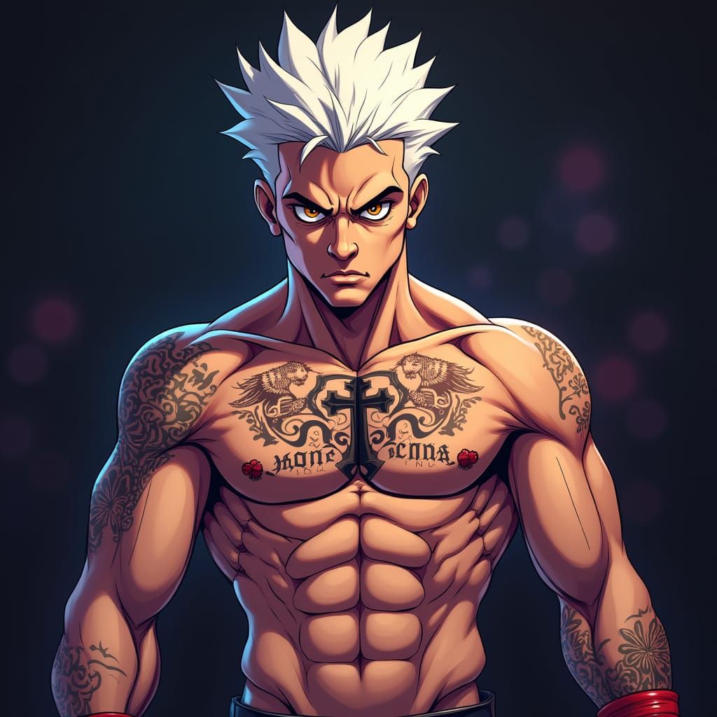 MMA Fighter in Anime Style with Crucifix Tattoo and Vibrant ...