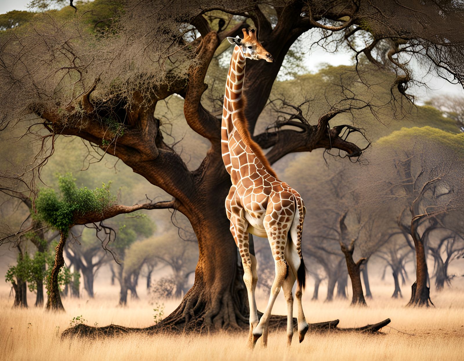Giraffe Reaching for Tree Leaves in the Wild