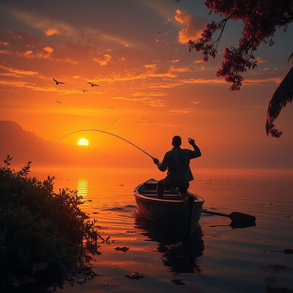 Fisherman's Fiery Sunset on Amazon River Digital Painting