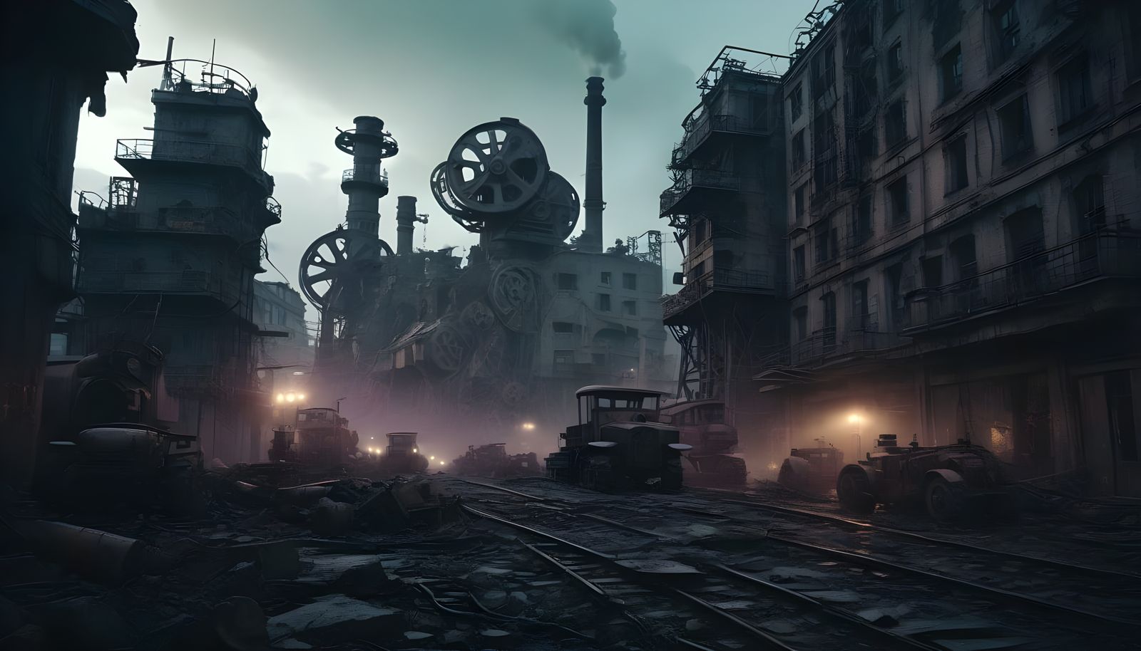 Futuristic Steampunk Apocalypse in a Ruined Cityscape