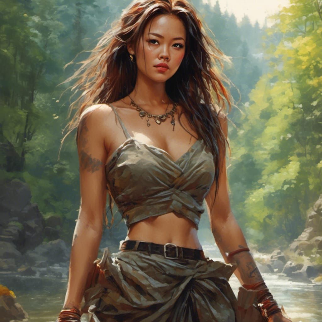 Person in Bikini at Waterfall: Hyperrealistic Digital Art