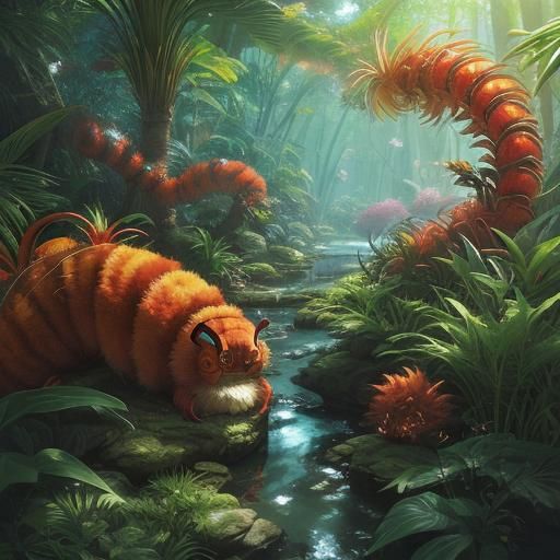 Luminescent Caterpillar Smokes in Jungle, Anime Concept Art