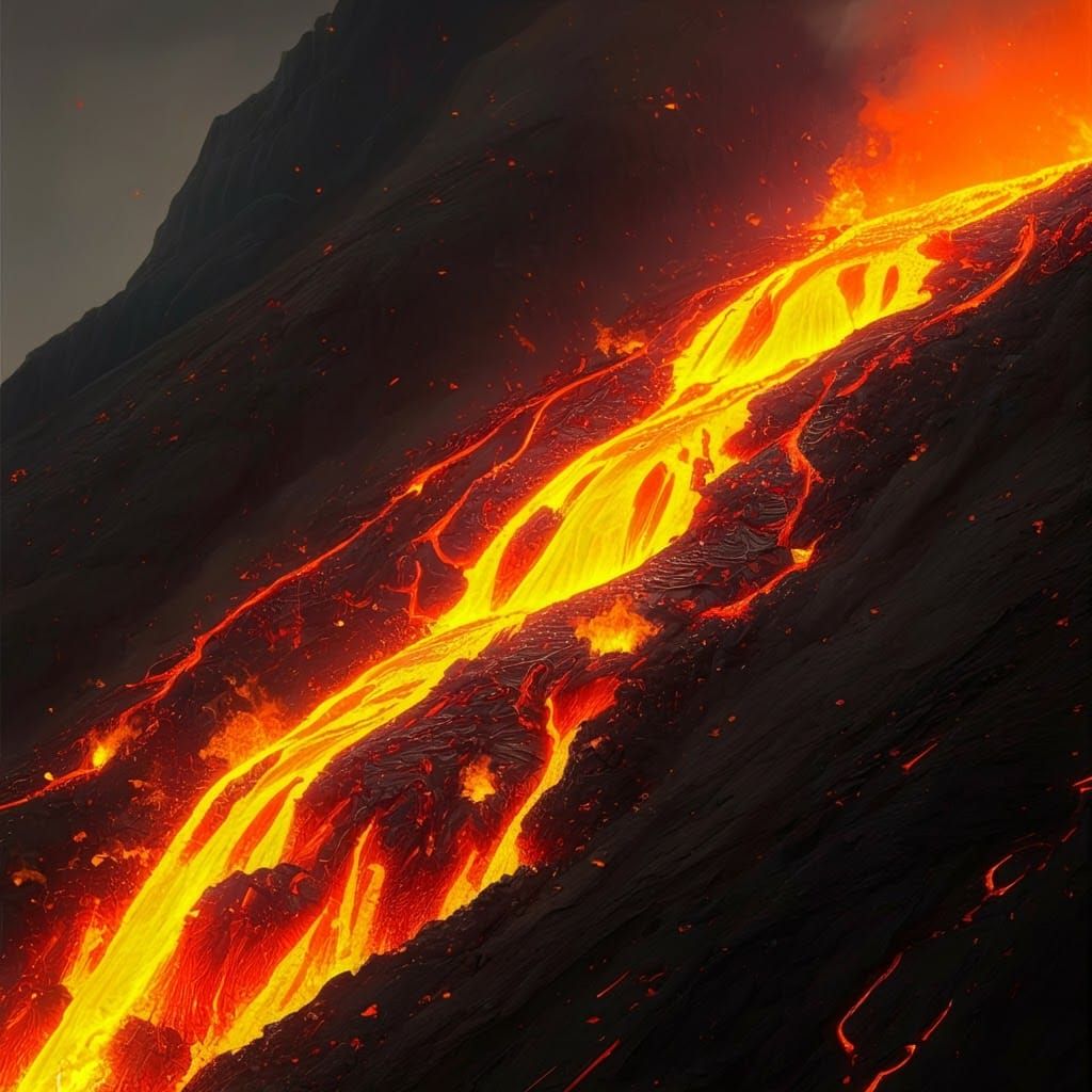 Fiery Lava Flow on Mountain Slope