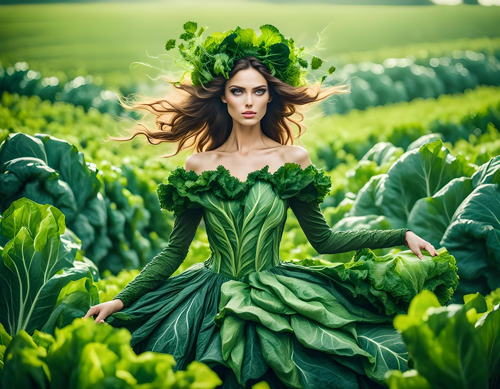 Beautiful Green-Eyed Girl in Vegetable Dress