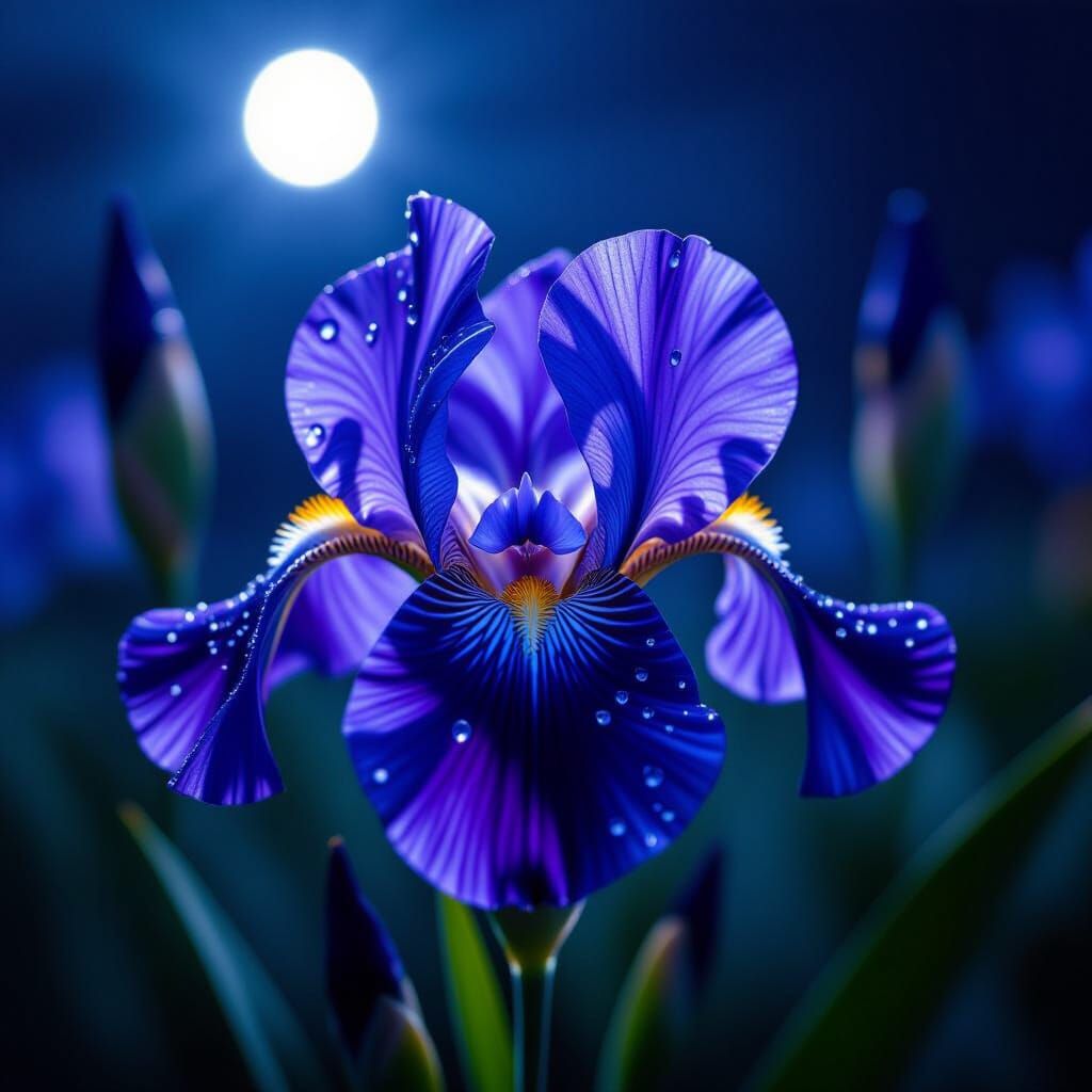 Midnight Iris with Dew Drops in Ethereal Moonlight