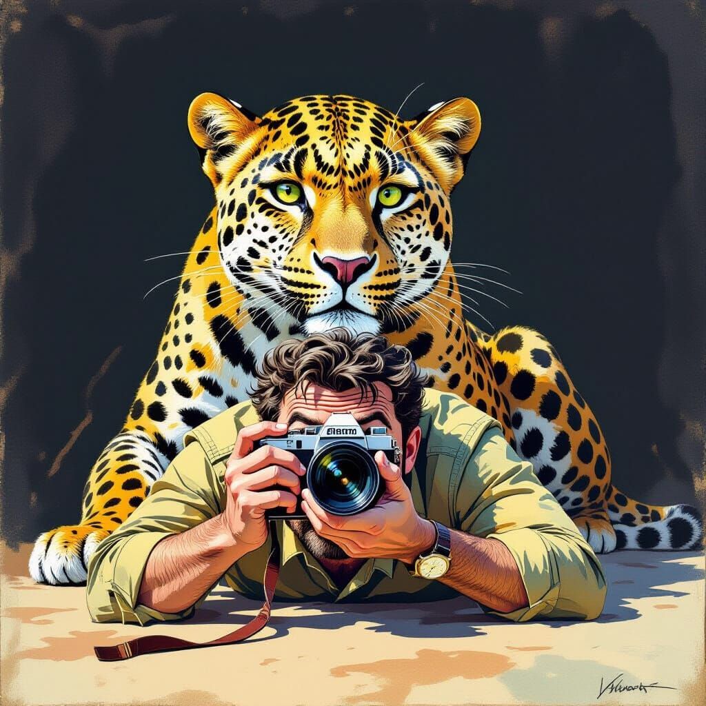 Humorous Photographer Portrait with Curious Leopard