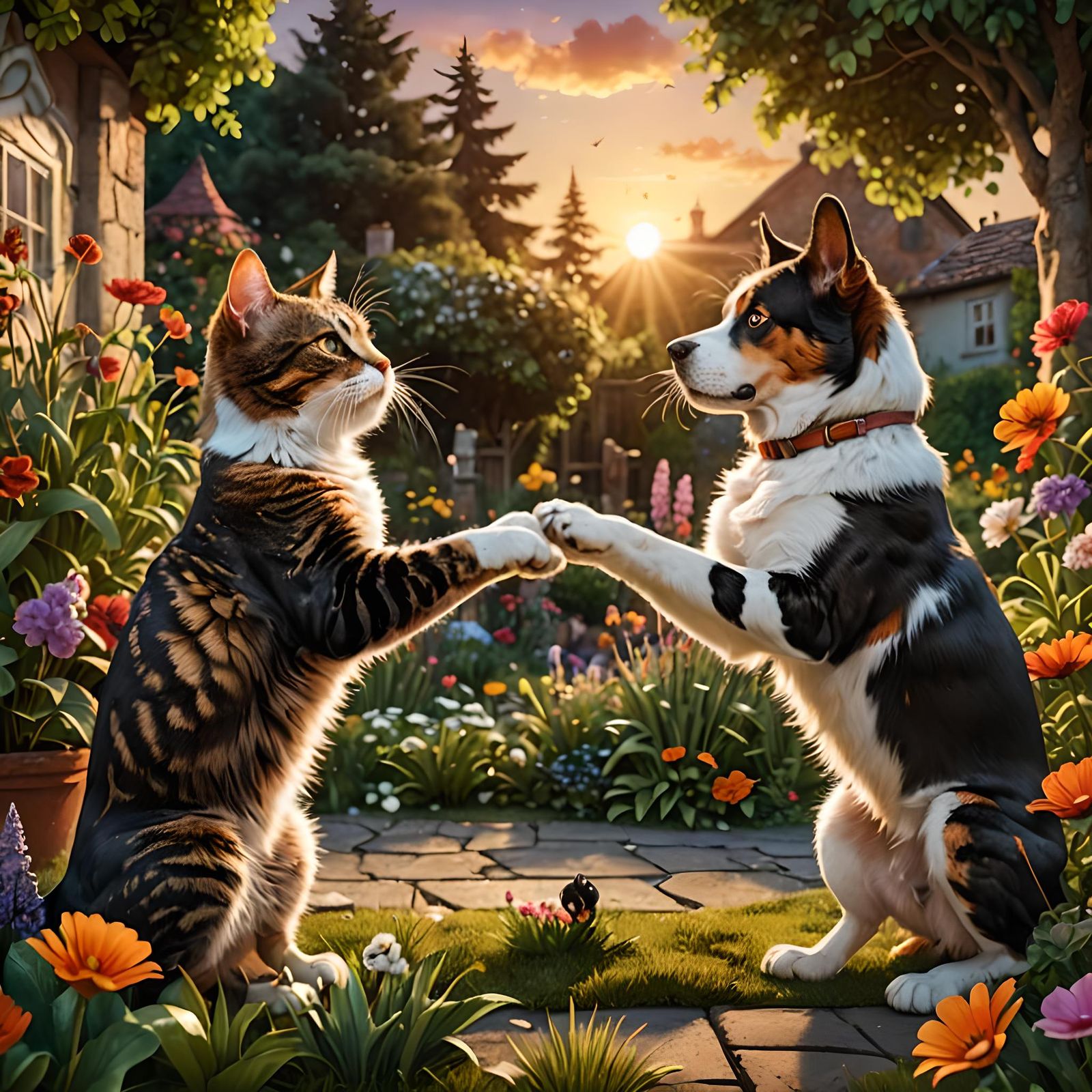 Funny High Five Between Dog and Cat at Sunset