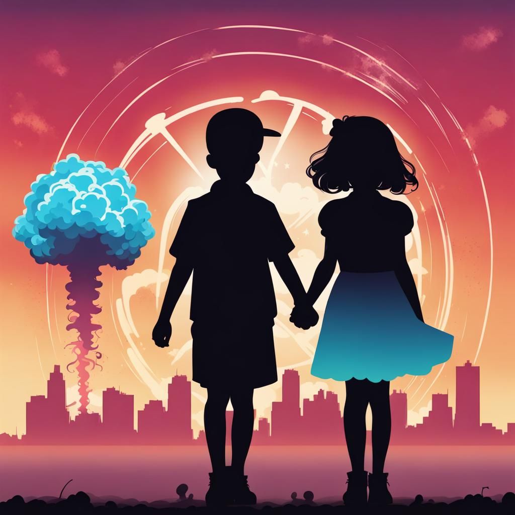 Silhouette Children Witnessing Nuclear Explosion