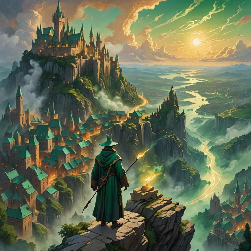 Wizard Overlooking Ancient City in Oil Painting Style