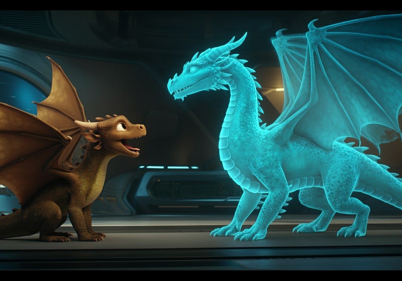 Brown Dragon Enjoys Conversation with Serene Holographic Com...