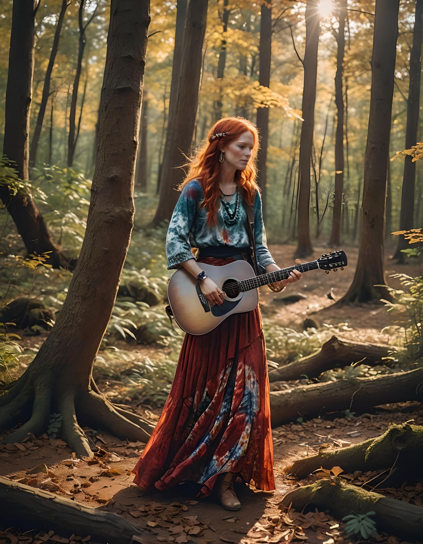 Red-Headed Hippie Singer in Autumn Forest